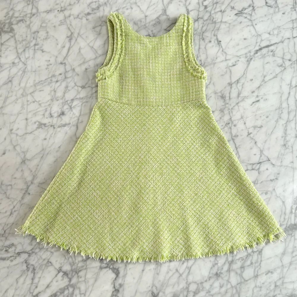 Zara A-line Dress Tweed Sleeveless Fringed Raw Hem Back Zip Green Girls Sz 7